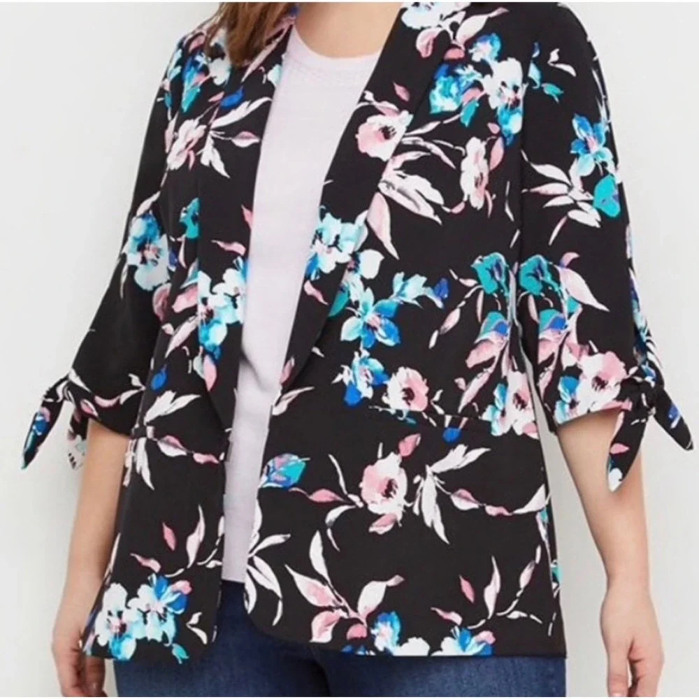 Lane Bryant Jacket Cardigan Blazer Size 18 20 Stretch Black Floral 3/4 Sleeve 2X